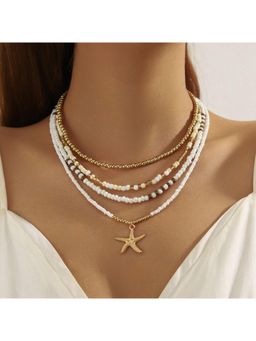 Stol'N - White and Gold Rice Beaded Starfish Multi-Layered Necklace