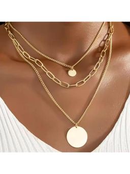 NAITRA - Triple Layered Stacked Coin Pendant Gold Statement Necklace