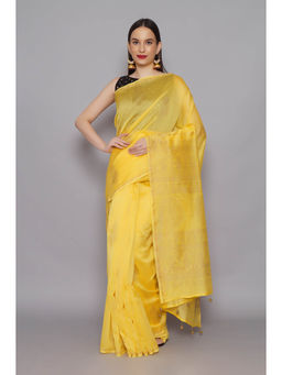 Palash - Yellow Printed Chanderi Damini Saree with Unstitched Blouse