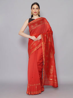 Palash - Red Hand Block Printed Chanderi Hemal Saree with Unstitched Blouse