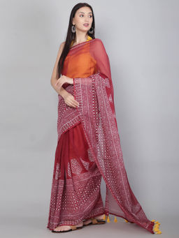 Palash - Maroon Hand Block Printed Kota Doria Gayatri Saree with Unstitched Blouse