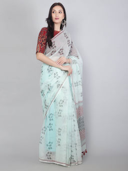 Palash - Powder Blue Hand Block Printed Kota Doria Ankita Saree with Unstitched Blouse