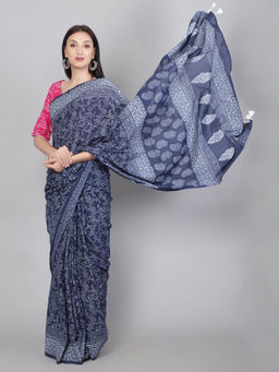 Palash - Navy Blue Printed Cotton Malmal Rishita Saree with Unstitched Blouse