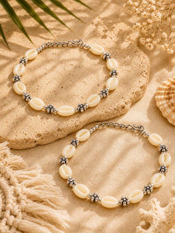 VIRAASI - Silver Plated Sea Shell Anklets Pair