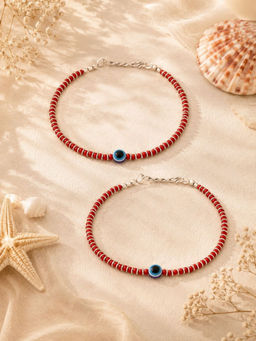 VIRAASI - Silver Plated Red Beads Evil Eye Anklets Pair