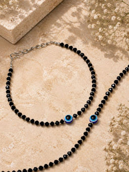 VIRAASI - Silver Plated Black Beads Evil Eye Anklets Pair