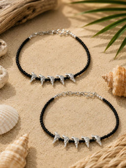 VIRAASI - Silver Plated Black Beads Bird Design Charm Anklets Pair