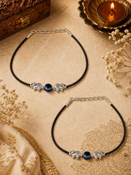 VIRAASI - Silver Plated Black Beads Elephant Design Charm Evil Eye Anklets Pair