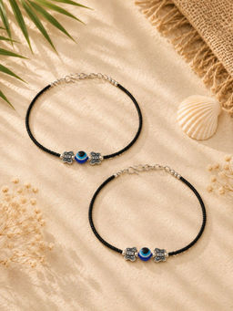 VIRAASI - Silver Plated Black Beads Butterfly Design Charm Evil Eye Anklets Pair