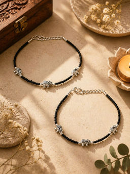 VIRAASI - Silver Plated Black Beads Elephant Design Charm Anklets Pair