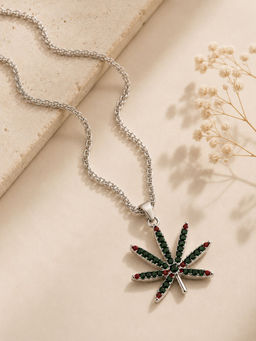 VIRAASI - Unisex Silver-Plated Marijuana Green Leaf Pendant with Chain
