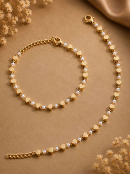 VIRAASI - Gold Plated White Beaded Heart Anklets