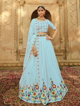 Odette - Festive Designer Light Blue Semi Stitched Lehenga With Unstitched Blouse (Set of 3)