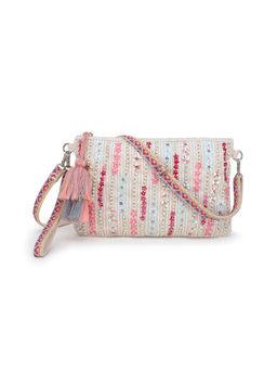 Anekaant - Glid Off White Striped Sequined Cotton Handloom & Leatherette Sling Bag