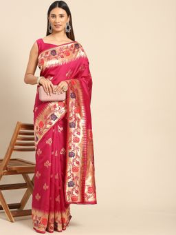 Akhilam - Womens Silk Blend Red Woven Design Celebrity Saree with Unstitched Blouse