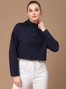 KASSUALLY - Navy Blue Loose Boxy Fit High Neck Cotton Sweatshirt