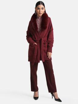 Kazo - Maroon Belted Cardigan With Detachable Fur Collar (Set of 3)