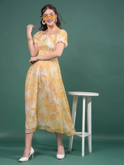 CRIMSOUNE CLUB - Women Mustard Floral Print Square Neck A-Line Dress