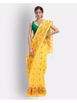 Angoshobha - Yellow Handloom Printed Cotton Blend Saree with Unstitched