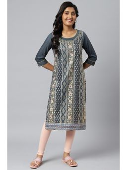 Aurelia - Women Grey Festive Floral Print Viscose Blend Kurta