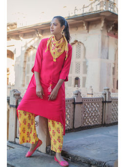 Juniper - Coral Solid with Printed Rayon Slub Kurta Palazzo & Cotton Dupatta with Tassels
