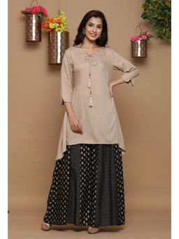 Juniper - Beige Solid Rayon Slub Asymmetric Women Kurta With Tie-ups