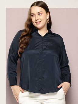 Qurvii - Navy Blue Embellished Button Party Shirt