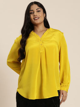 Qurvii - Yellow Silk Crepe Half Placket Shirt