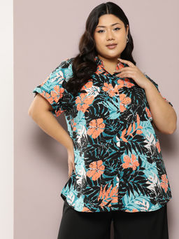 Qurvii - Multi-Colour Tropical Print Full Placket Shirt