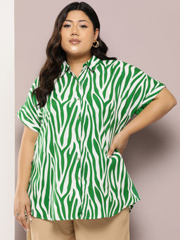 Qurvii - Forest Green Zebra Print Full Placket Shirt