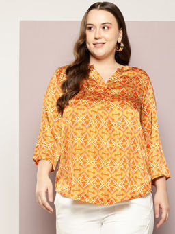 Qurvii - Orange Print Half Placket Shirt