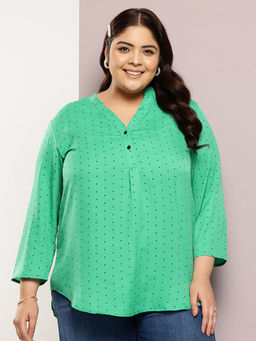 Qurvii - Green Polka Half Placket Mandarin Collar Shirt