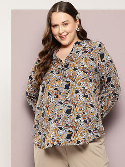 Qurvii - Black Half Placket Printed Shirt