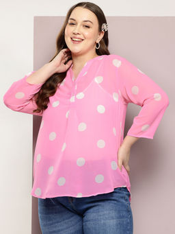 Qurvii - Pink Big Polka Dot Half Placket Shirt