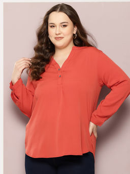 Qurvii - Solid Coral Crepe Half Placket Shirt