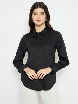 Madame - Solid Black Cotton Blend Shirt