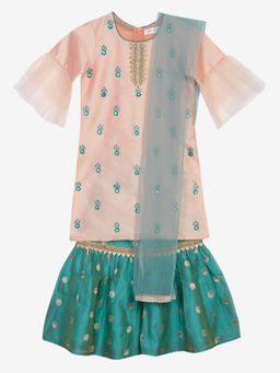 SAKA DESIGNS - Peach Rama Green Hand Embroidery Kurta Sharara with Dupatta (Set of 3)