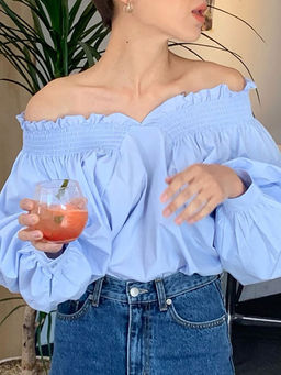 Outzidr - Blue Off-Shoulder Solid Blouse