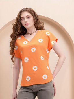 Outzidr - Orange Floral Print Vacay Top