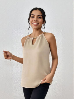Outzidr - Beige Halter Neck With V Cutout Relaxed Fit