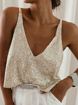 Outzidr - Cream Sequined V-Neck Top