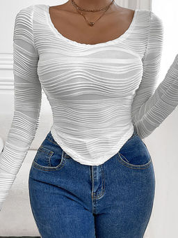 Outzidr - White Textured Apple Hem Knit Party Top