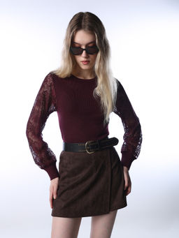 ONLY - Women Maroon Self Design Regular Fit Maroon Sweater