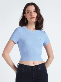 Tommy Hilfiger - Women Blue Textured Regular Fit Cotton Crop T-Shirt