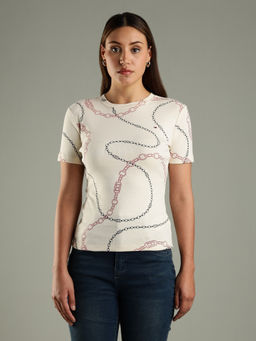 Tommy Hilfiger - Women Beige Printed Slim-Fit Cotton T-Shirt