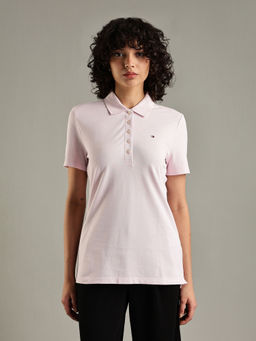 Tommy Hilfiger - Women Pink Solid Regular-Fit Cotton Polo T-Shirt