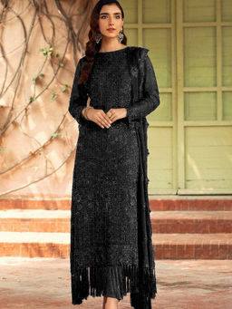 Odette - Black Embroidered Georgette Semi Stitched Dress Material (Set of 3)