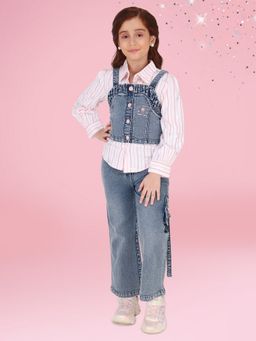 Cutecumber - Girls Blue Denim Stripes Shirt with Jacket and Jeans