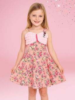 Cutecumber - Girls Peach Cotton Blend Floral Dress