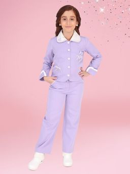Cutecumber - Girls Purple Polyester Blend Stripes Jacket with Trouser